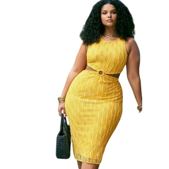 Eloquii Yellow Cutout Crochet Sleeveless Resort Midi Boho Dress Plus Size 26 - Picture 1 of 8